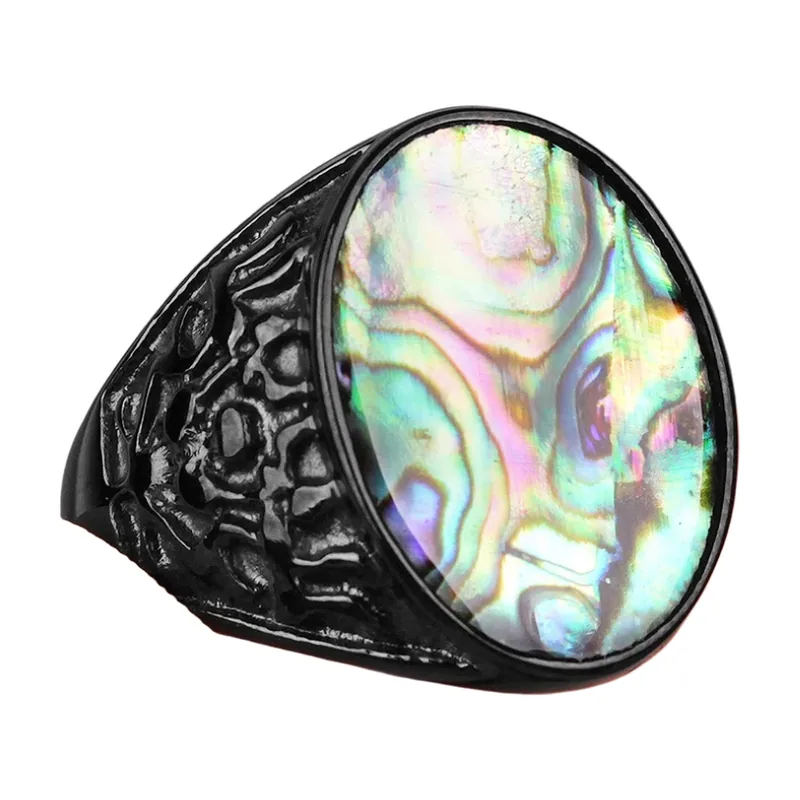 Chevalière avec Pierre Style Abalone, Acier Inoxydable