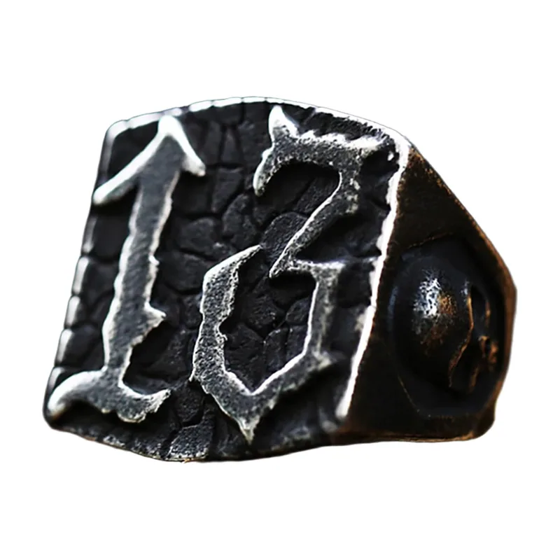 Anello Siginetto Quadrato con Teschio e Numero 13, Acciaio Inossidabile