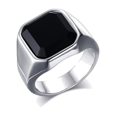 Anillo Sello Cuadrado con Piedra Cornalina Negra, Acero Inoxidable