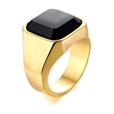 Anillo Sello Cuadrado con Piedra Cornalina Negra, Acero Inoxidable