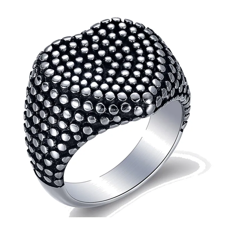 Biker Signet Ring with Raised Dot Pattern, Stainless Steel