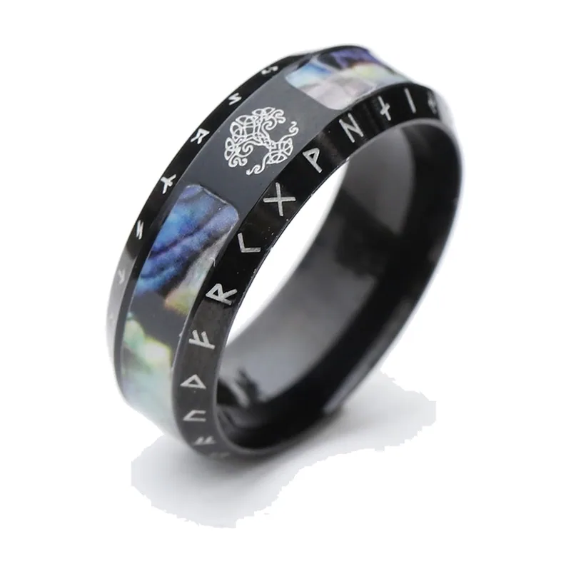 Yggdrasil Lebensbaum Ring mit nordischen Runen, Edelstahl