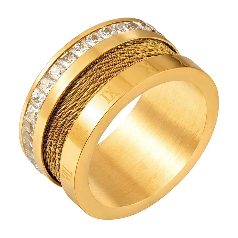 Anillo con números romanos y circonitas cuadradas, acero inoxidable