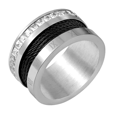 Anello con numeri romani e zircone, acciaio inossidabile