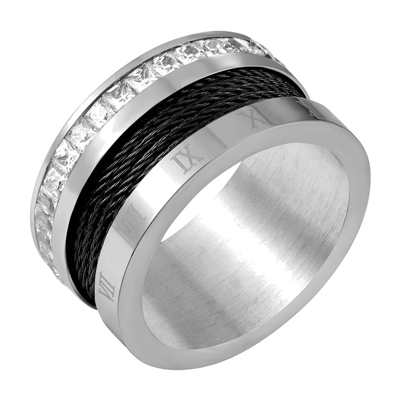 Anello con numeri romani e zircone, acciaio inossidabile
