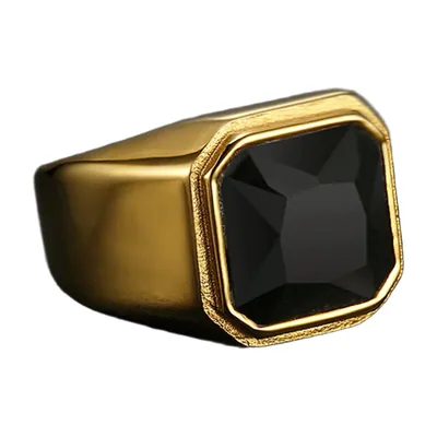 Biker Signet Ring with Black Stone, 316L Stainless Steel