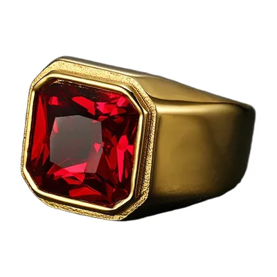 Square Signet Ring with Red Stone, Stainless Steel