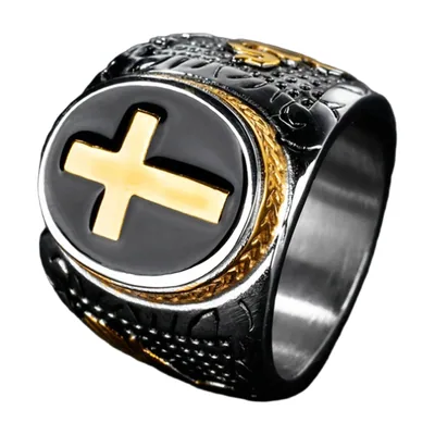 Cross Signet Ring with Black Enamel, Stainless Steel