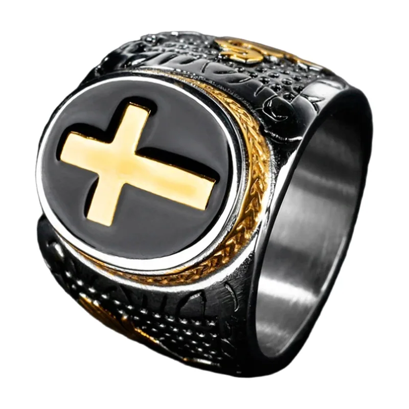 Chevalière Croix avec Émail Noir, Acier Inoxydable