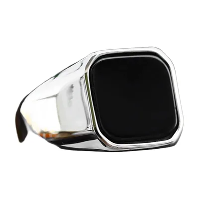 Square Signet Ring with Black Agate, Stainless Steel