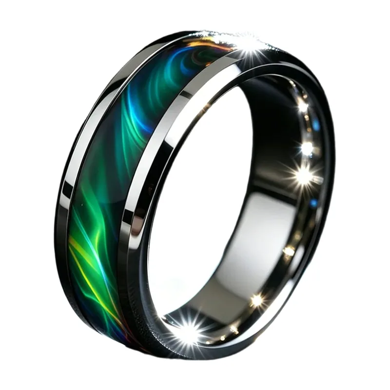 Malachite Nebula Band Ring, Polished Stainless Steel