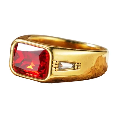 Square Signet Ring with Red and Clear Cubic Zirconia, Stainless Steel