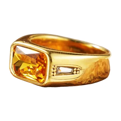 Square Signet Ring with Amber Stone and Cubic Zirconia, Gold Tone