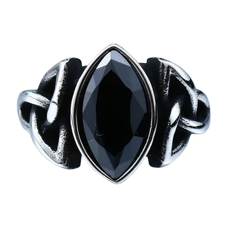 Wikinger Knoten-Ring mit schwarzem Marquise-Stein, Edelstahl