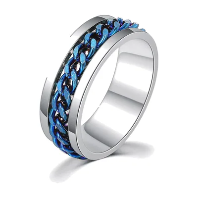 Anillo Spinner con detalle de cadena cubana azul, Acero Inoxidable