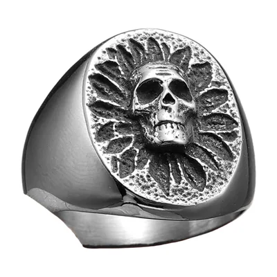 Skull and Sunflower Signet Ring, 316L Stainless Steel