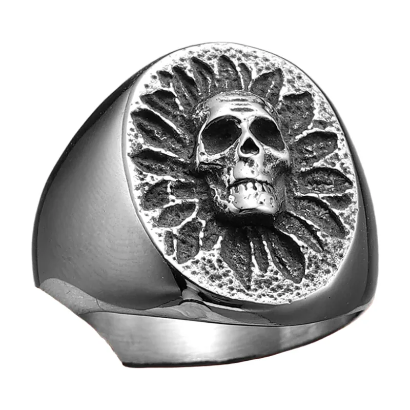 Anello Sigillo con Teschio e Girasole, Acciaio Inossidabile