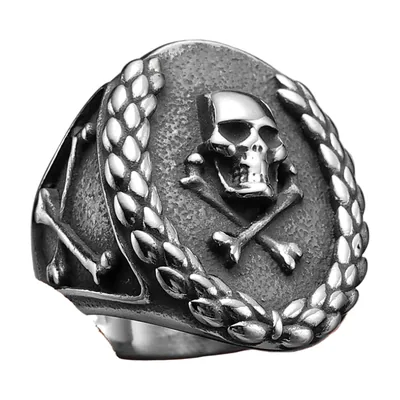 Skull and Crossbones Signet Ring with Laurel Wreath, Stainless Steel