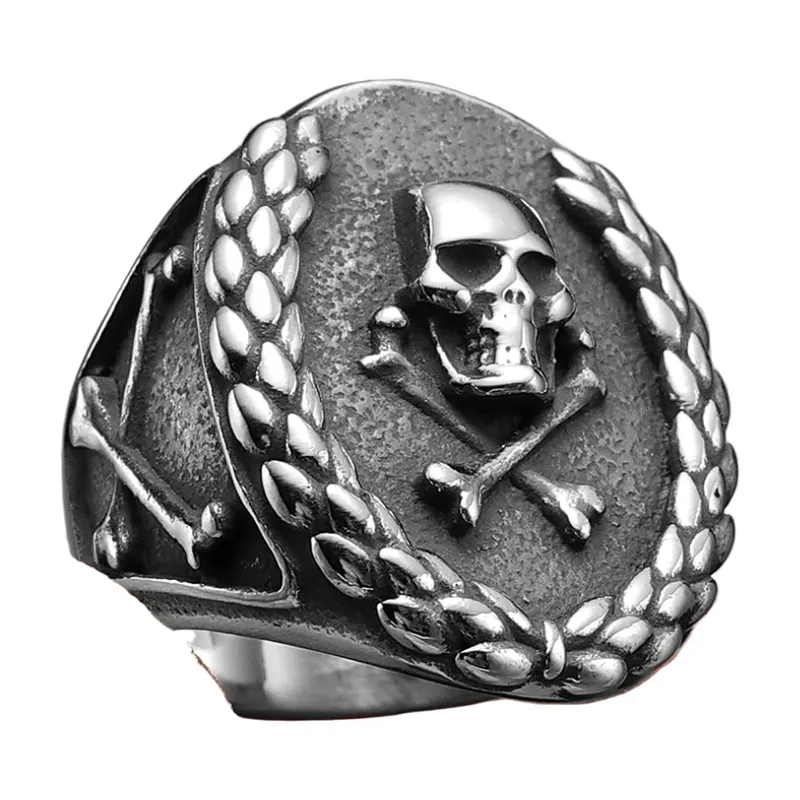 Anello Sigillo con Teschio e Corona d'Alloro, Acciaio Inossidabile
