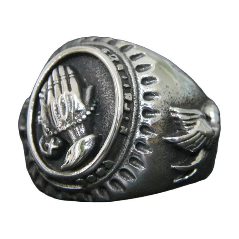 Bague Chevalière Mains Prière, Acier Inoxydable 316L