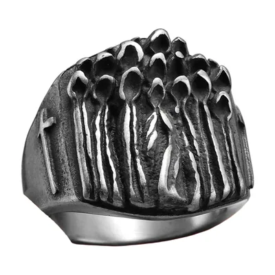 Anillo de Cruz Religiosa con Figuras Esculpidas, Acero Inoxidable