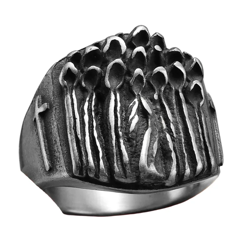 Religious Cross Ring with Sculpted Figures, Stainless Steel