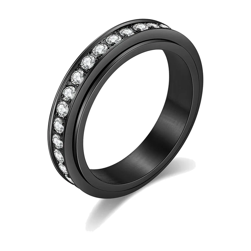Anillo Spinner con Circonitas Transparentes, Acero Inoxidable Negro