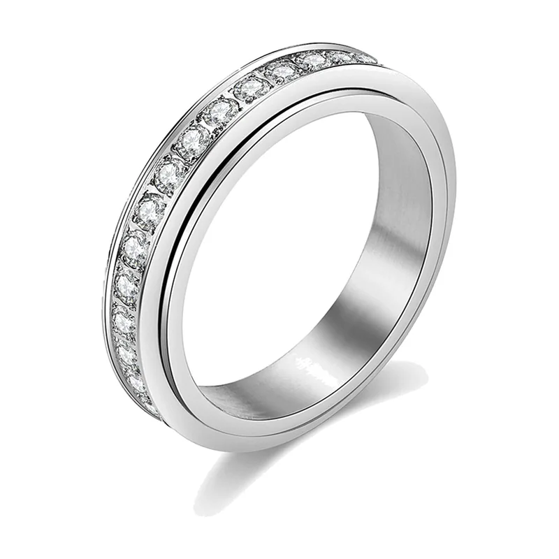 Anillo Spinner con Circonitas Transparentes, Acero Inoxidable