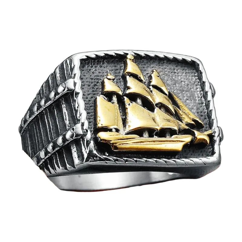 Anello Sigillo con Nave a Vela, Acciaio Inossidabile