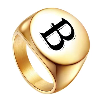 Anillo Sello Cuadrado con Letra B, Acero Inoxidable Dorado
