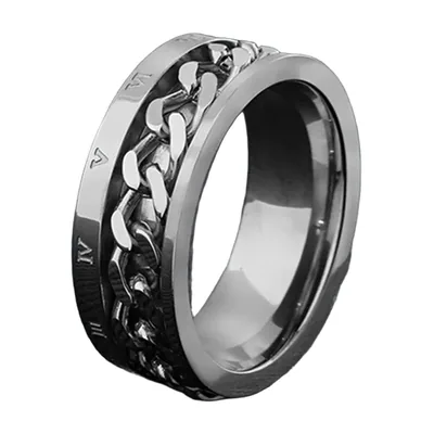 Anillo Spinner con Números Romanos y Cadena, Acero Inoxidable