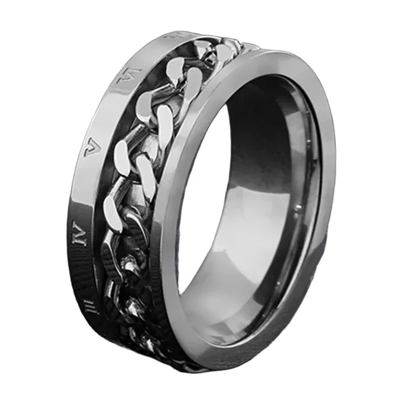 Anello Spinner con Numeri Romani e Catena, Acciaio Inossidabile