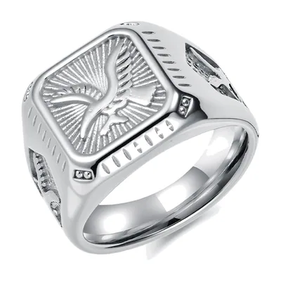 Anillo Sello Cuadrado con Motivo de Águila y Circonita, Acero Inoxidable