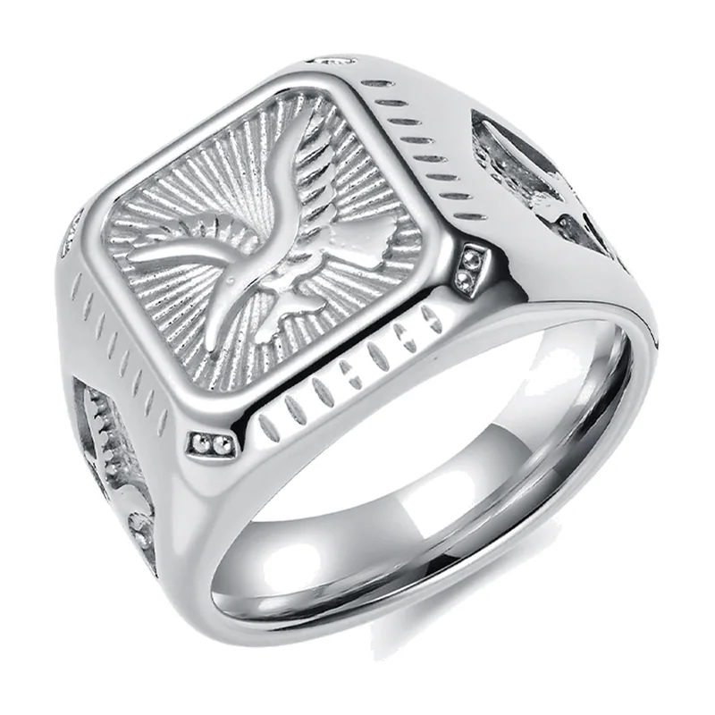 Chevalière Carrée avec Motif Aigle et Zirconia, Acier Inoxydable
