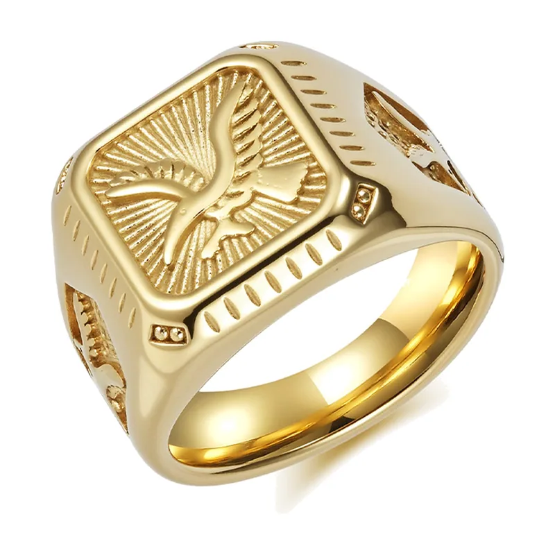 Square Signet Ring with Eagle Motif, 316L Stainless Steel