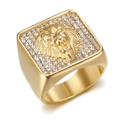 Anillo Sello de Cabeza de León con Circonitas, Acero Inoxidable