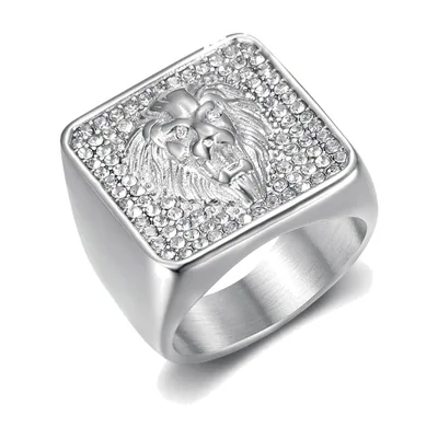 Anillo Sello de Cabeza de León con Circonitas, Acero Inoxidable