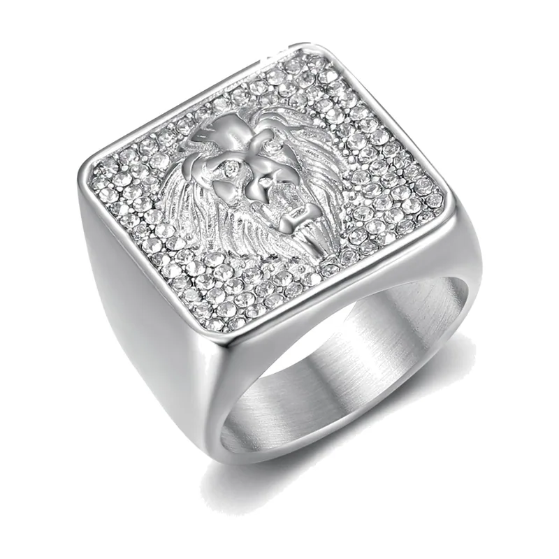 Anillo Sello de Cabeza de León con Circonitas, Acero Inoxidable