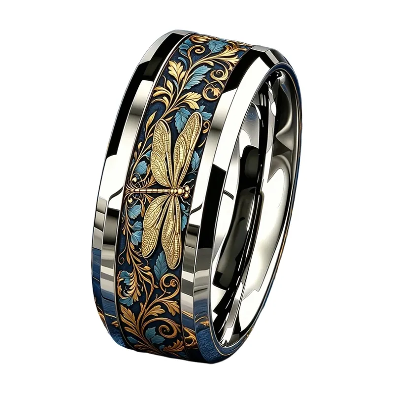 Anillo de Libélula con Esmalte Azul, Acero Inoxidable