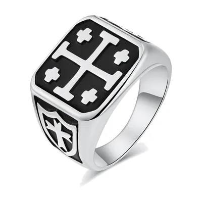 Anillo Sello con Cruz de Jerusalén, Acero Inoxidable