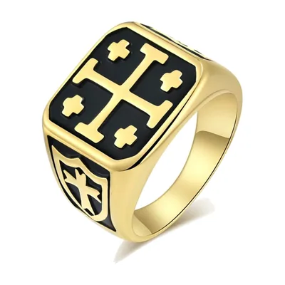 Anillo Sello Cuadrado con Cruz de Jerusalén, Acero Inoxidable