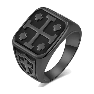 Anillo Sello Cuadrado con Cruz de Jerusalén, Acero Inoxidable