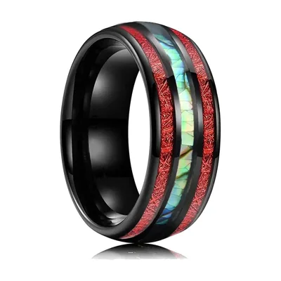 Anillo para Hombre Negro con Incrustaciones Rojas e Iridiscentes, Acero Inoxidable