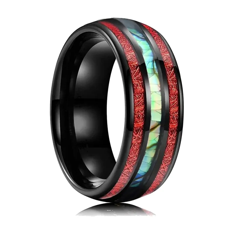 Schwarzer Herrenring mit roten und irisierenden Einlagen, Edelstahl