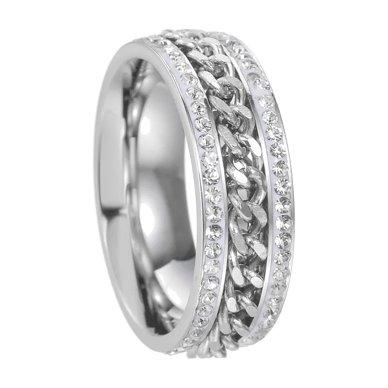 Anillo de cadena cubana con circonitas, acero inoxidable