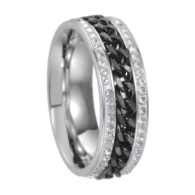 Anillo de Banda con Zirconia y Textura Negra, Acero Inoxidable