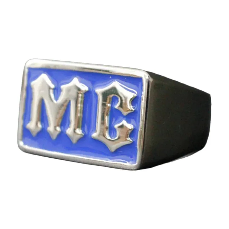 Chevalière MC avec Émail Bleu et Lettres, Acier Inoxydable