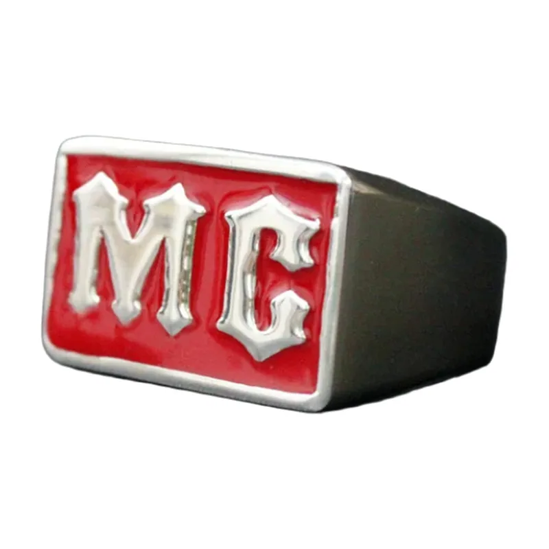 Chevalière MC avec Émail Rouge, Acier Inoxydable 316L