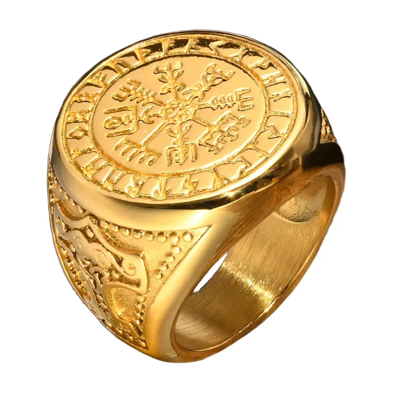 Herren Siegelring mit Vegvisir Kompass und Runen, Edelstahl