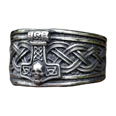 Anello Vichingo con Martello di Mjölnir e Teschio, Acciaio Inox